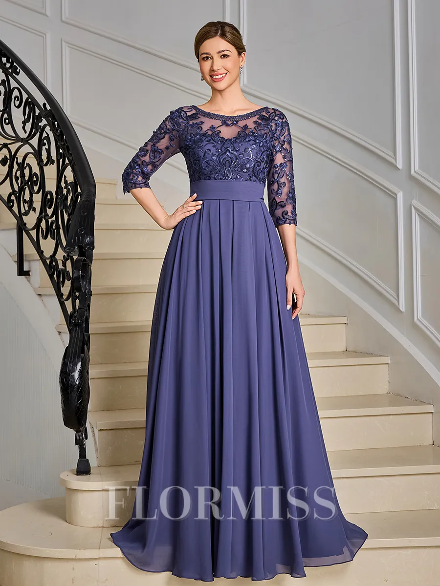 A-line Scoop 3/4 Sleeves Appliques Lace Floor-Length Chiffon Mother of the Bride Dress