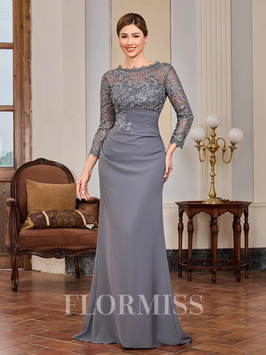 Sheath Scoop 3/4 Sleeves Appliques Lace Floor-Length Chiffon Mother of the Bride Dress