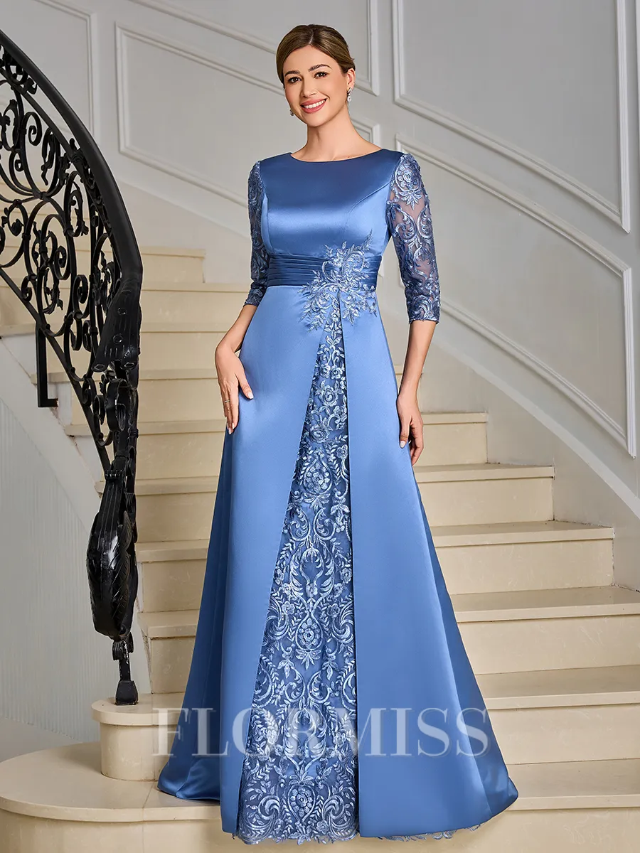 Sheath Scoop 3/4 Sleeves Appliques Lace Floor-Length Satin Mother of the Bride Dress