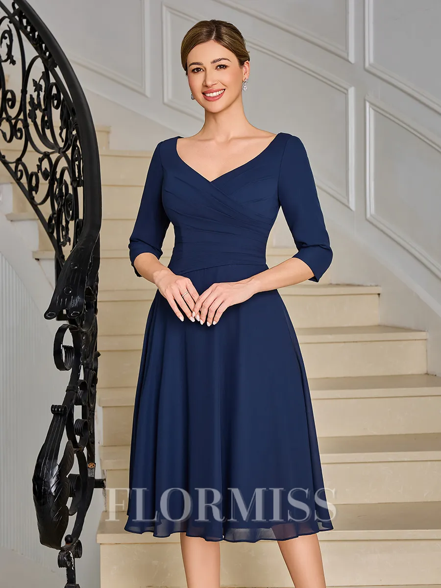 A-line V-neck 3/4 Sleeves Pleated Tea-Length Chiffon Mother of the Bride Dress