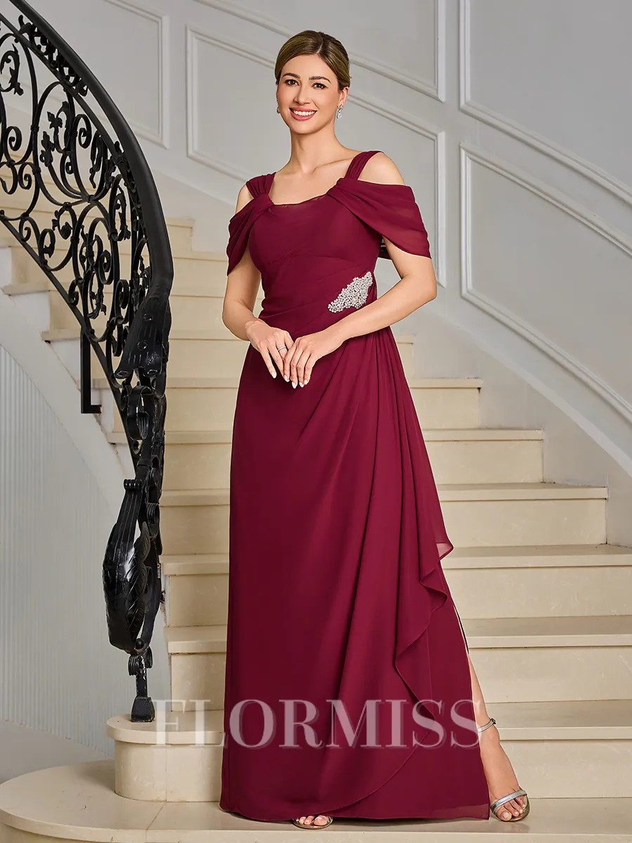 Sheath Cold Shoulder Pleated Ankle-Length Chiffon Mother of the Bride Dress