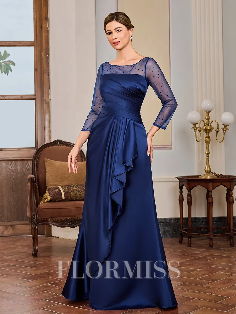 Sheath Scoop Long Sleeves Pleated Floor-Length Satin Mother of the Bride Dress