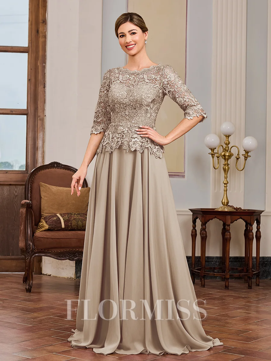 A-line Scoop 3/4 Sleeves Appliques Lace Sweep Train Chiffon Mother of the Bride Dress