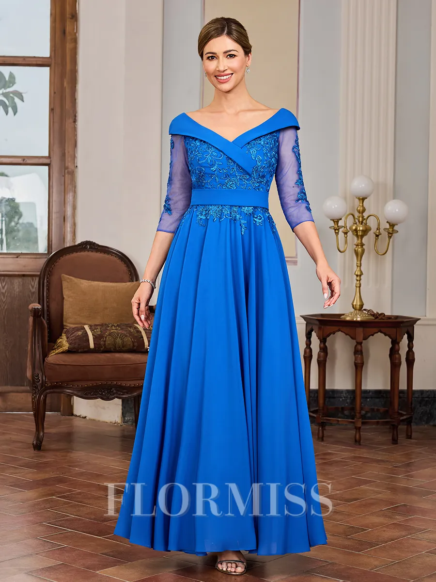 A-line V-neck 3/4 Sleeves Appliques Lace Ankle-Length Chiffon Mother of the Bride Dress