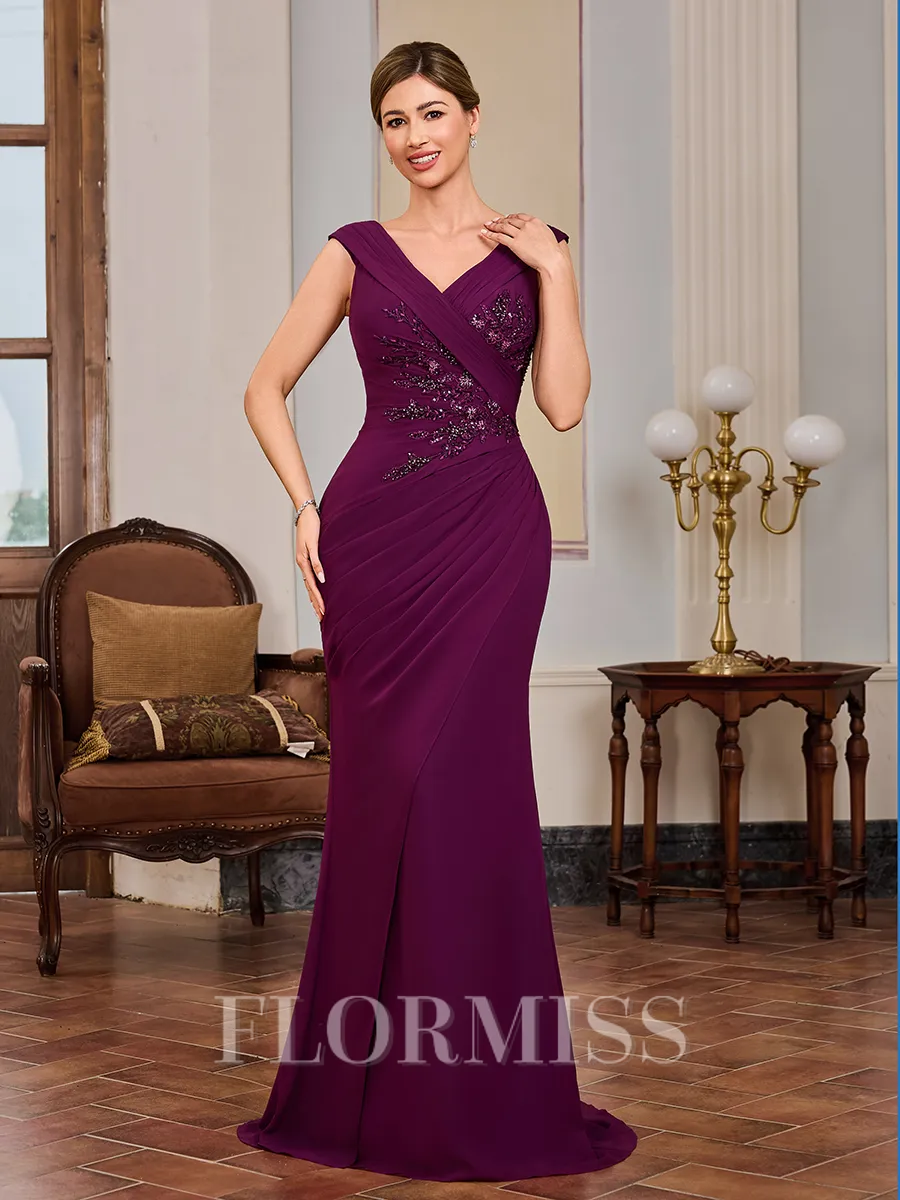 Sheath V-neck Beading Floor-Length Chiffon Mother of the Bride Dress