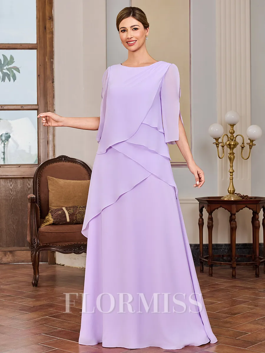 Sheath Scoop 3/4 Sleeves Cascading Ruffles Floor-Length Chiffon Mother of the Bride Dress
