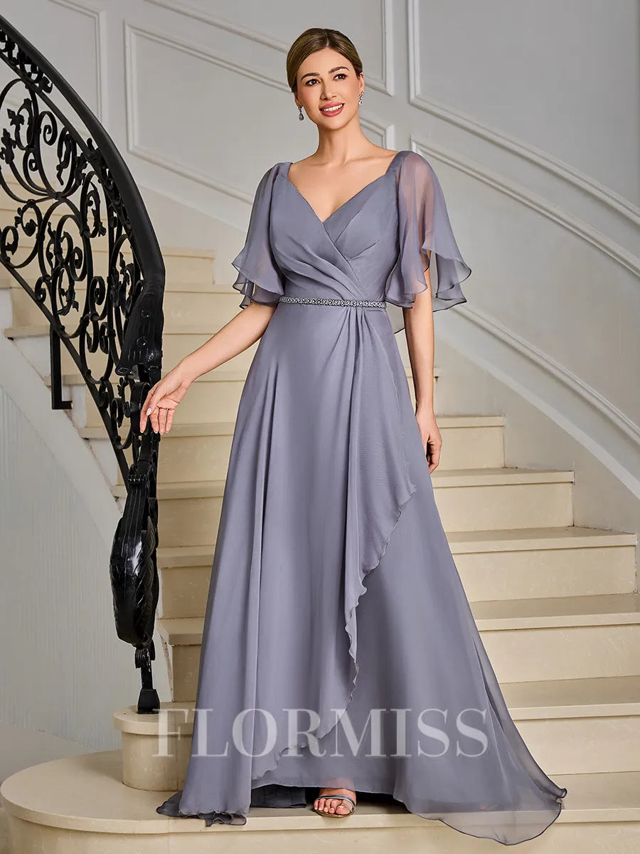 A-line V-neck Short Sleeves Pleated Floor-Length Mother of the Bride Dress