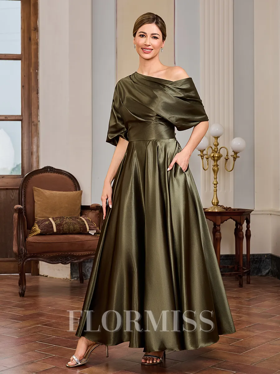A-line Short Sleeves Pleated Ankle-Length Silk Like Satin Mother of the Bride Dress