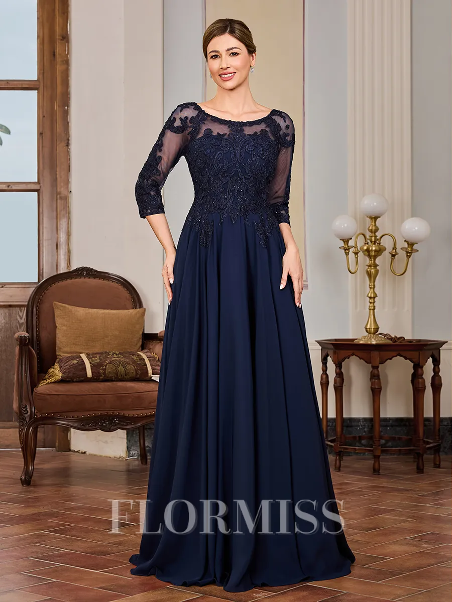 A-line Scoop 3/4 Sleeves Appliques Lace Floor-Length Chiffon Mother of the Bride Dress