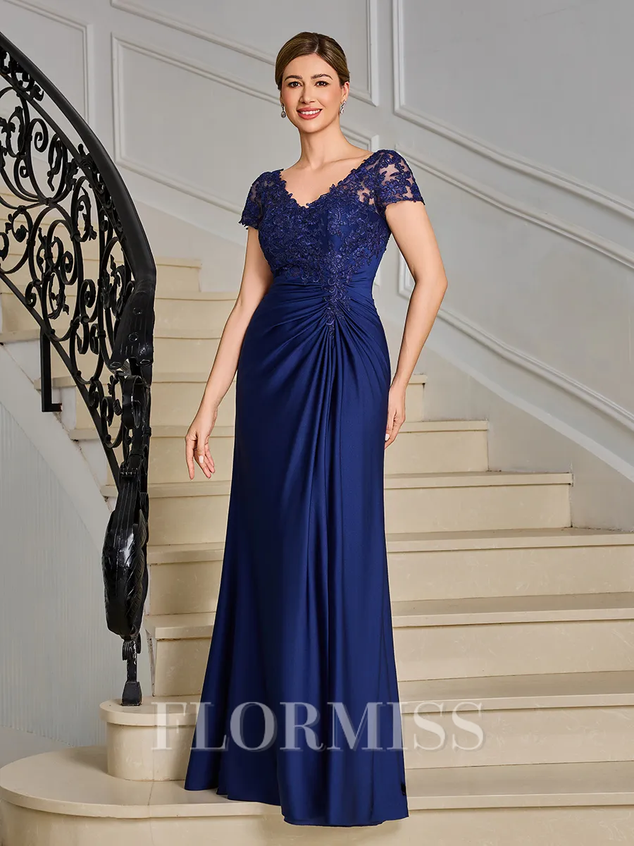Sheath V-neck Short Sleeves Appliques Lace Floor-Length Jersey Mother of the Bride Dress