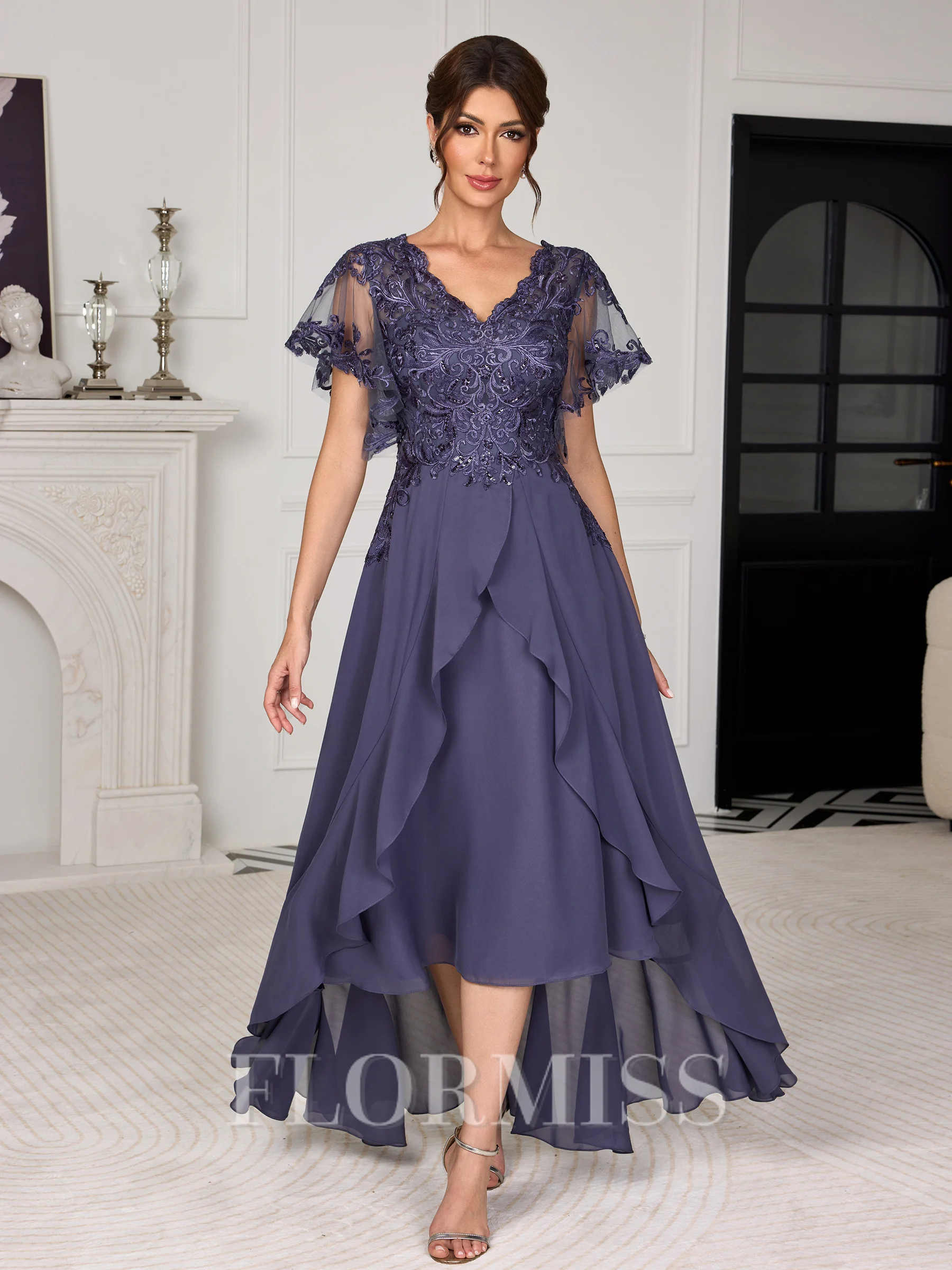 A-line V-neck Short Sleeves Appliques Lace Asymmetrical Chiffon Corset Mother of the Bride Dress
