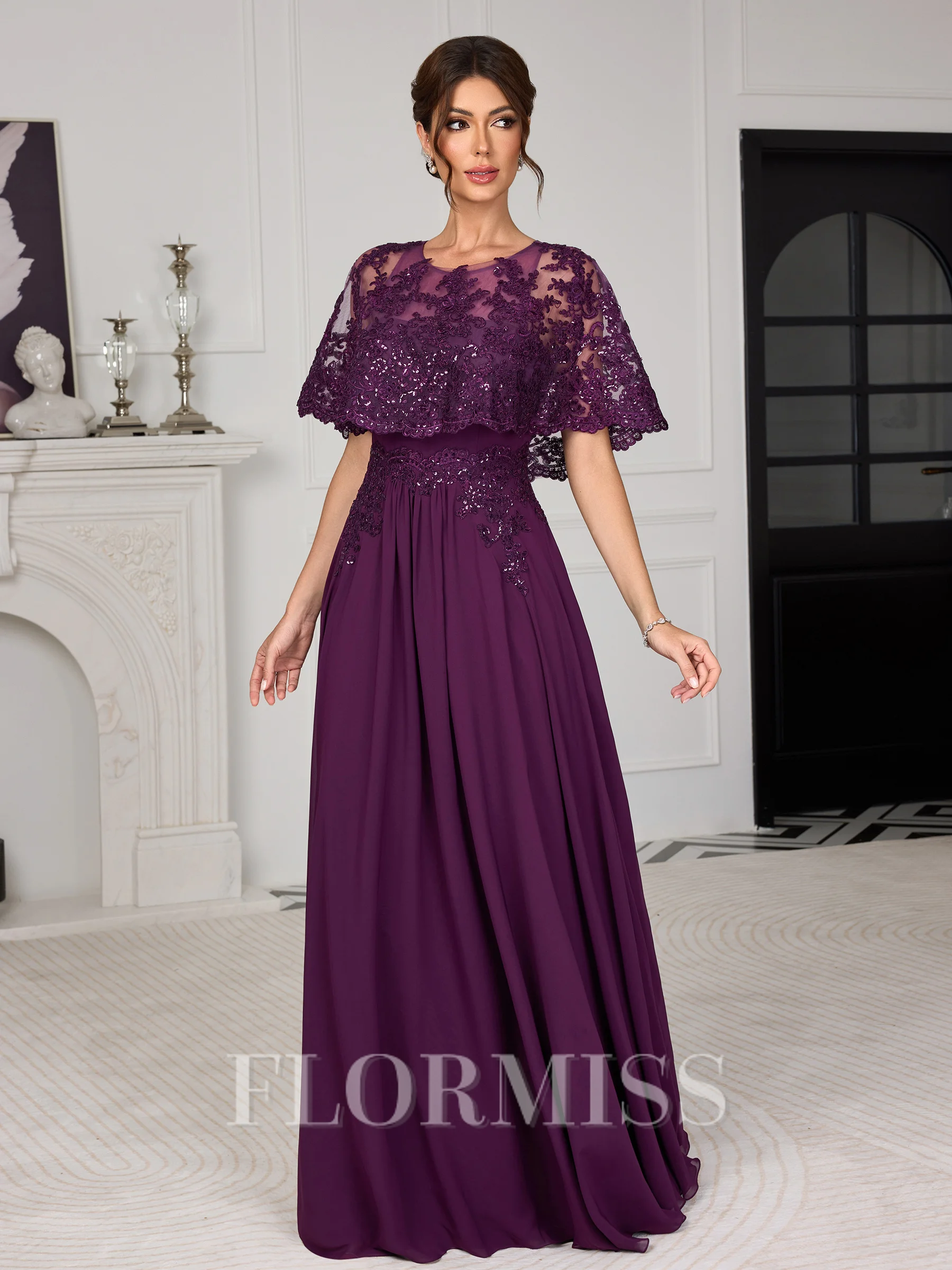 A-line Scoop Short Sleeves Appliques Lace Floor-Length Chiffon Mother of the Bride Dress