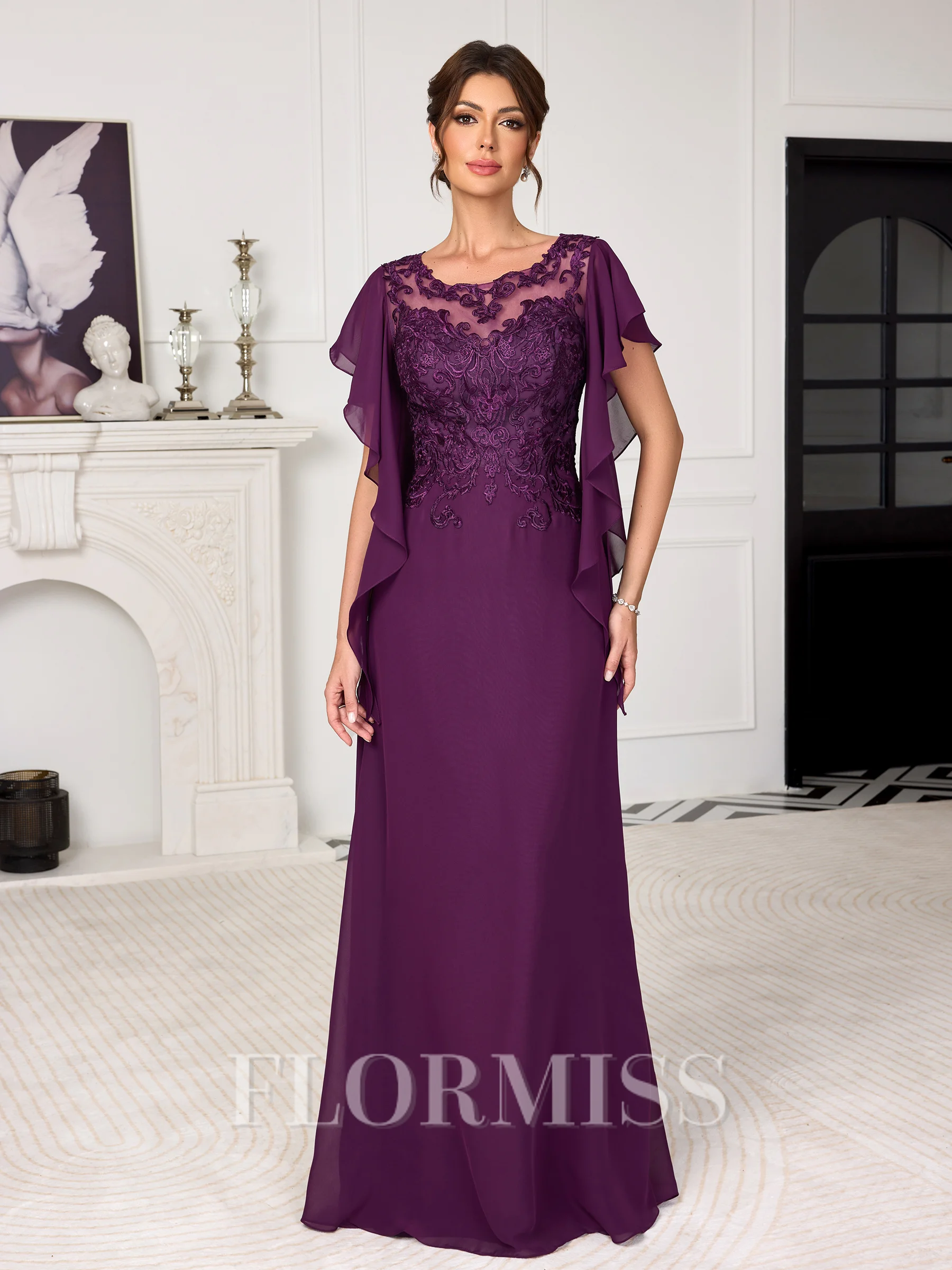 A-line Scoop Short Sleeves Appliques Lace Floor-Length Chiffon Mother of the Bride Dress