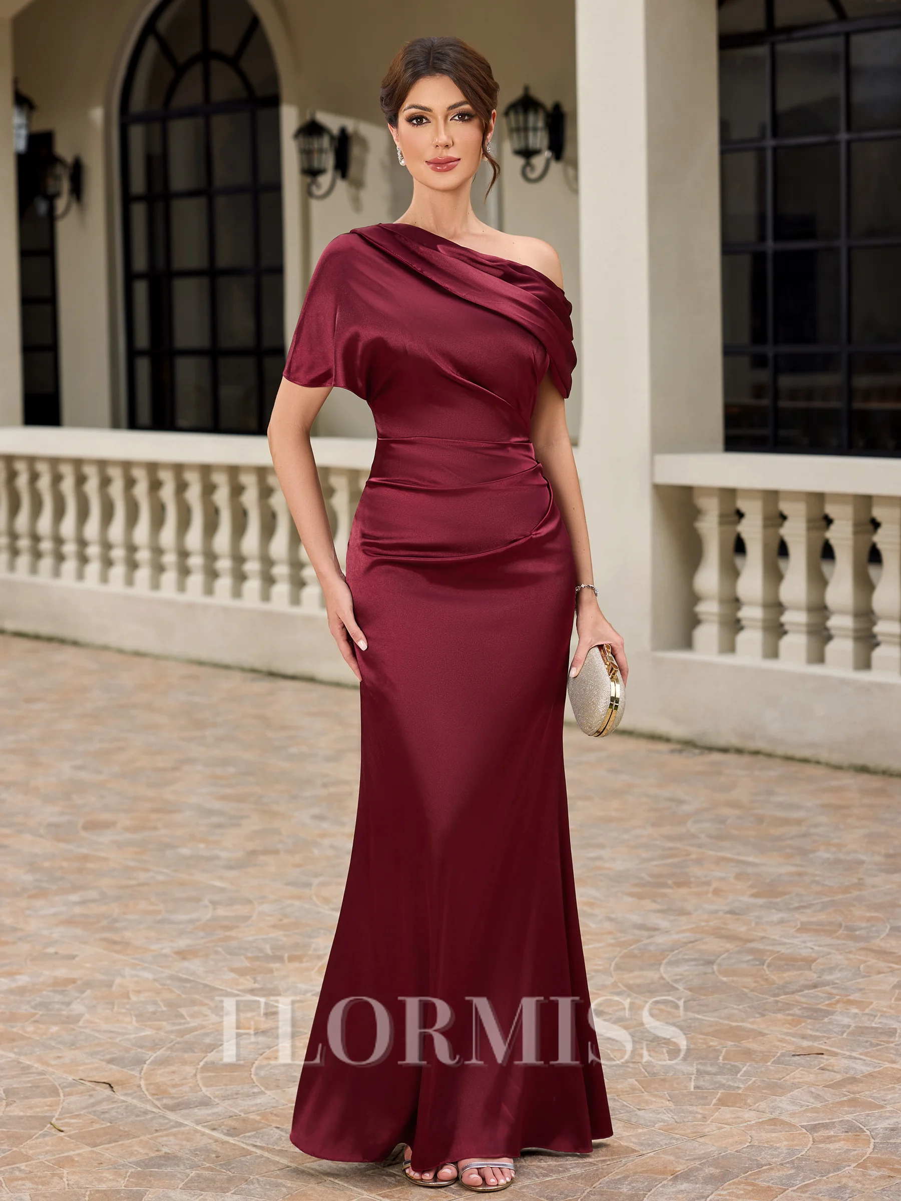 Sheath One-Shoulder Short Sleeves Pleated Floor-Length Silk Like Satin Mother of the Bride Dress