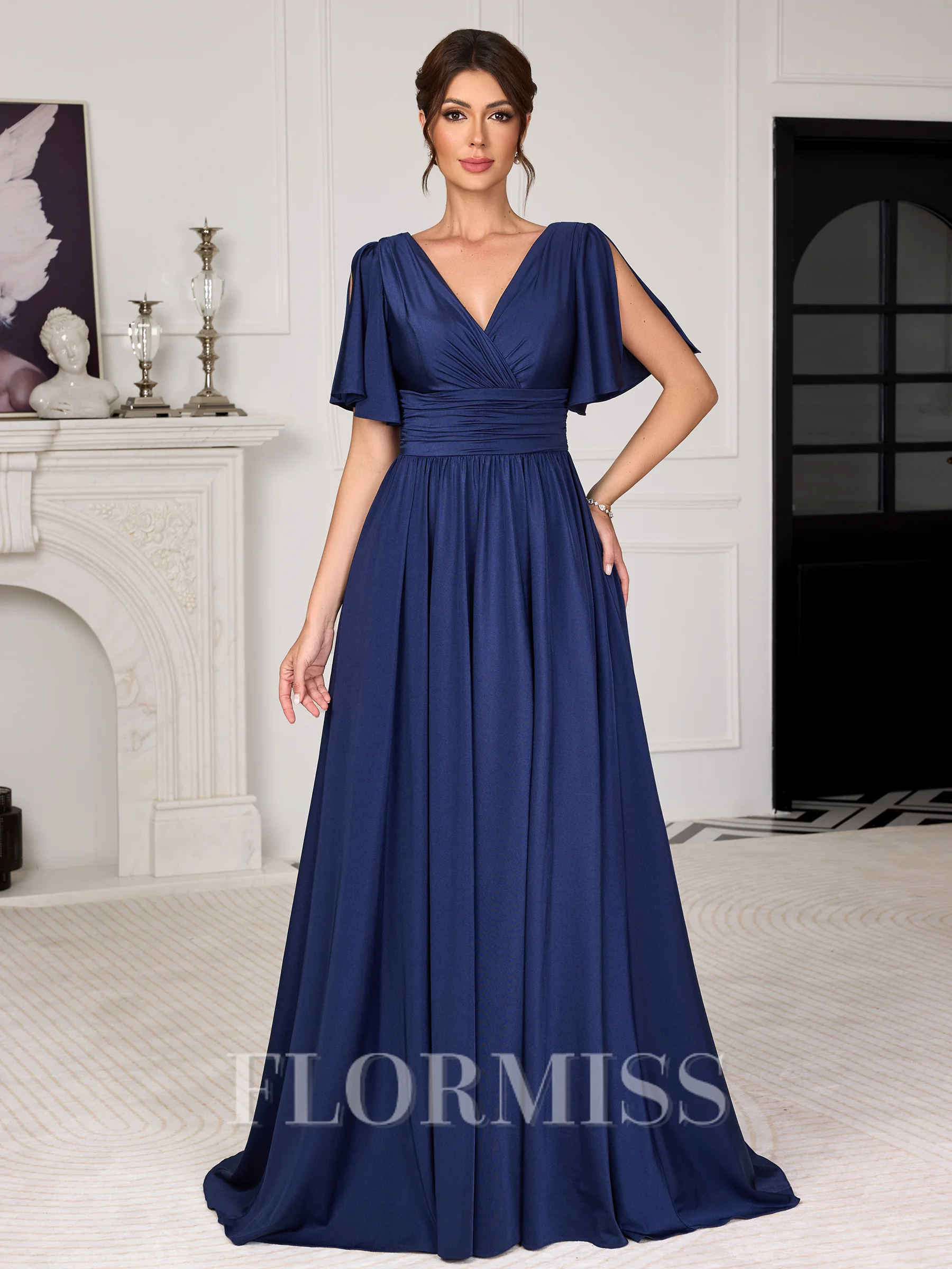 A-line V-neck Short Sleeves Pleated Sweep Train Jersey Mother of the Bride Dress