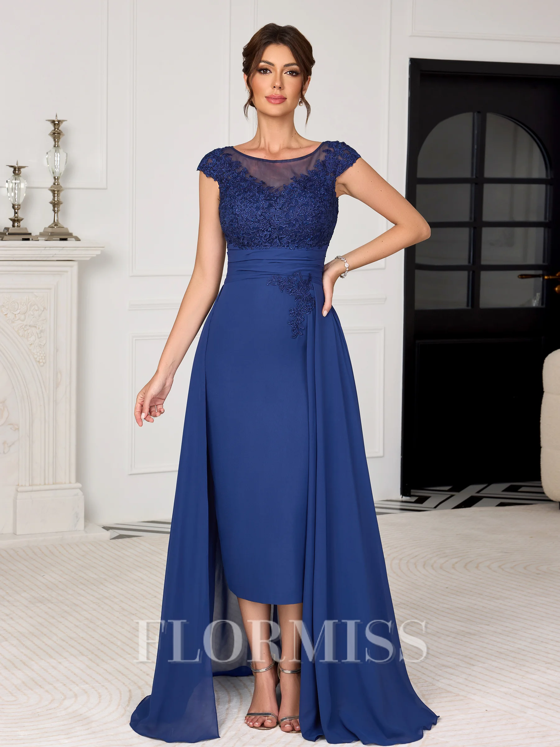 A-line Scoop Short Sleeves Appliques Lace Asymmetrical Chiffon Mother of the Bride Dress
