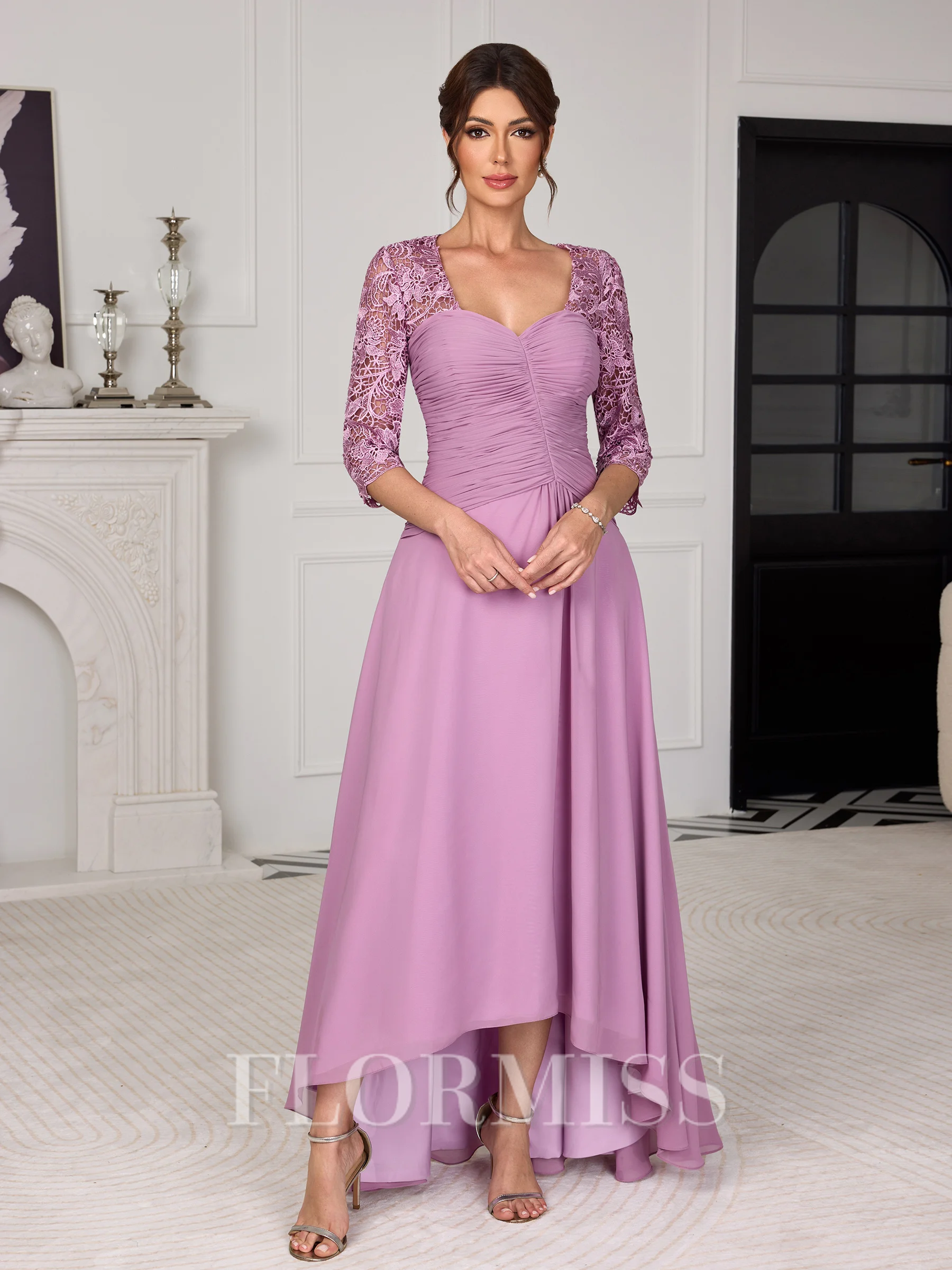 A-line Sweetheart 3/4 Sleeves Appliques Lace Asymmetrical Chiffon Mother of the Bride Dress