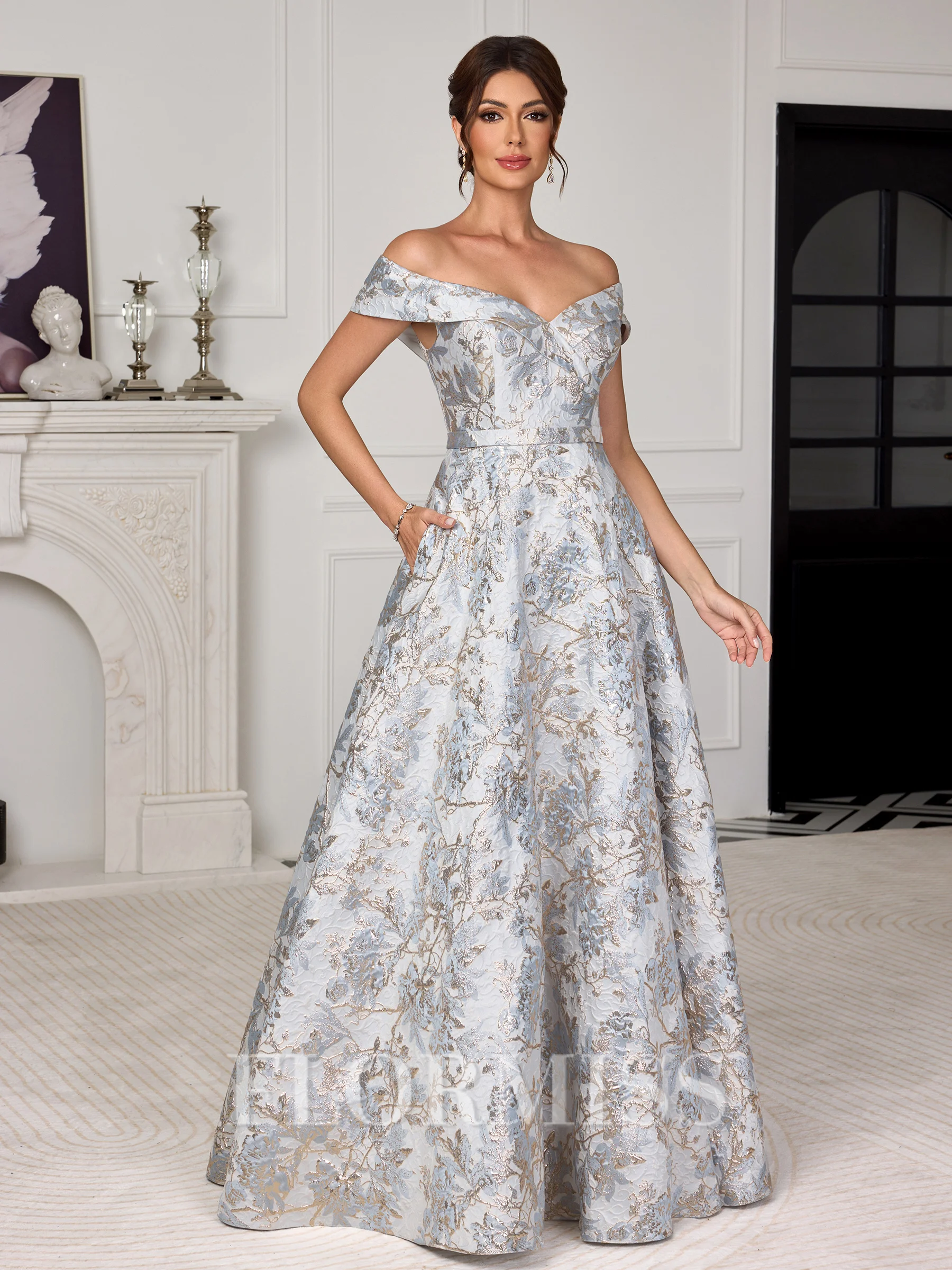 A-line Off-the-Shoulder Floor-Length Corset Mother of the Bride Dress