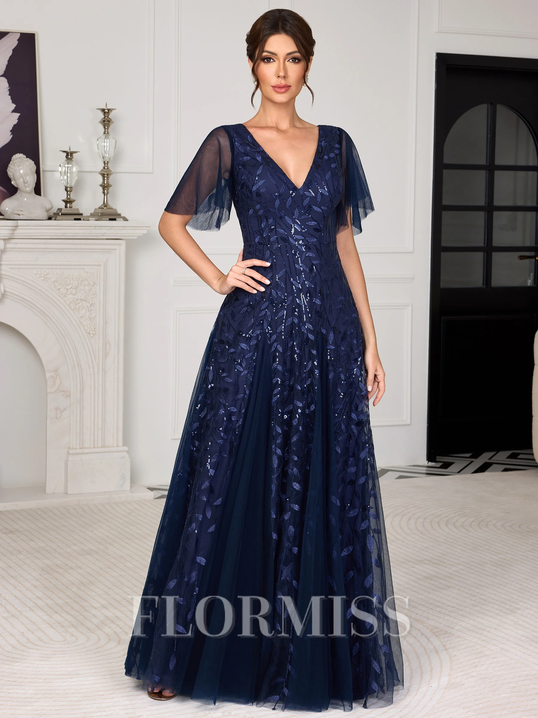 A-line V-neck Short Sleeves Sequin Floor-Length Tulle Corset Mother of the Bride Dress