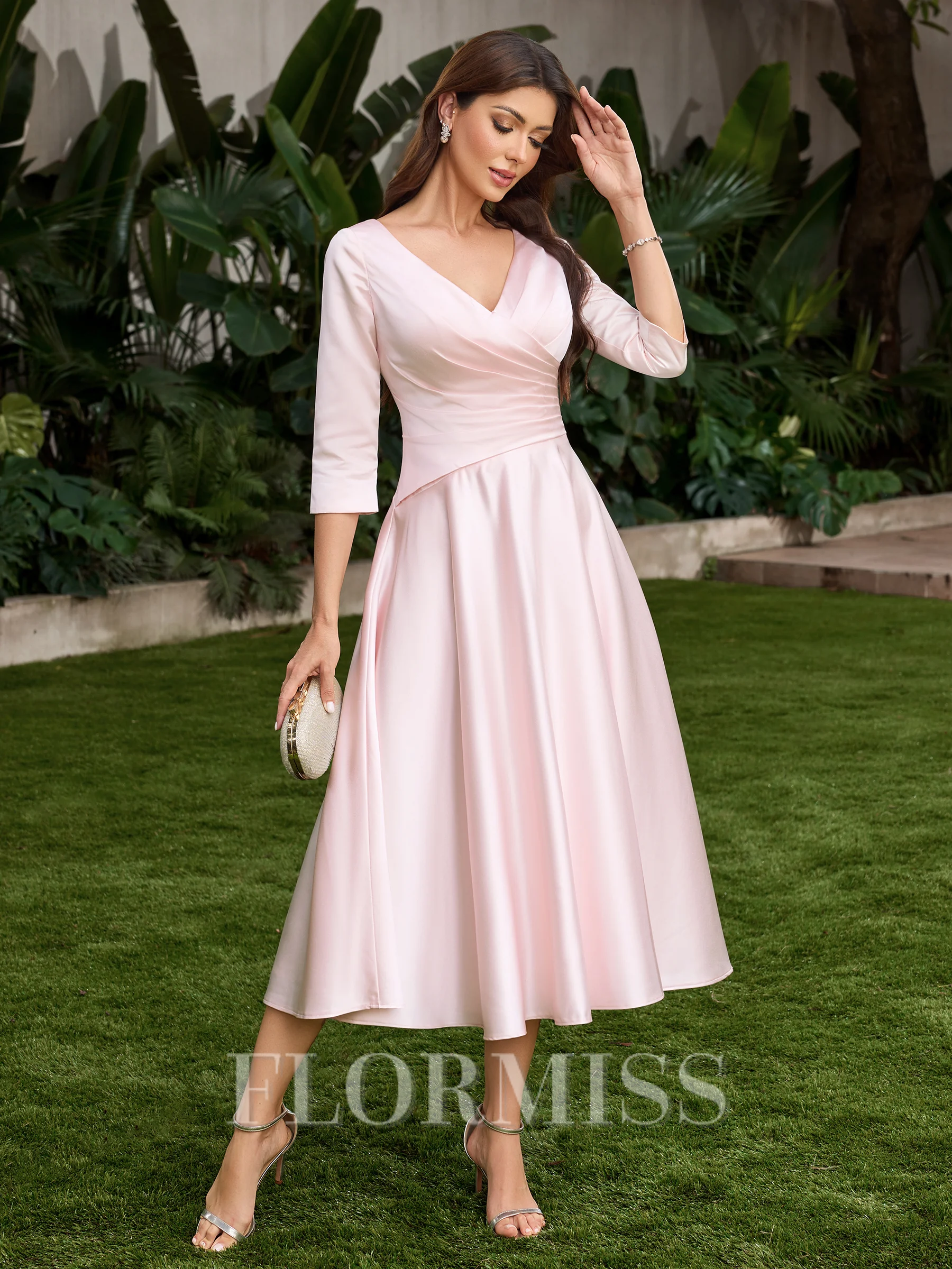 A-line V-neck 3/4 Sleeves Pleated Tea-Length Satin Corset Mother of the Bride Dress