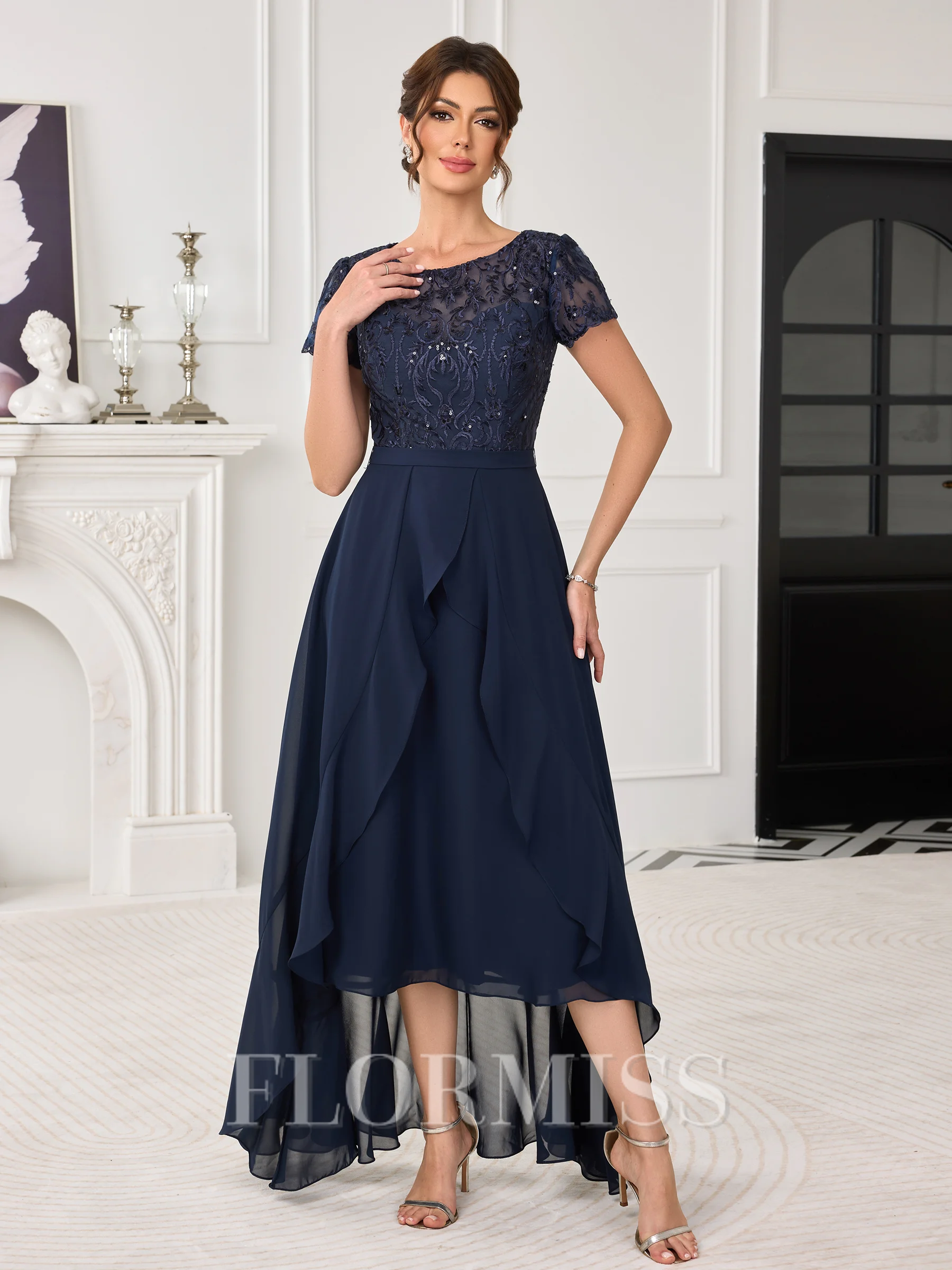 A-line Scoop Short Sleeves Appliques Lace Asymmetrical Chiffon Mother of the Bride Dress