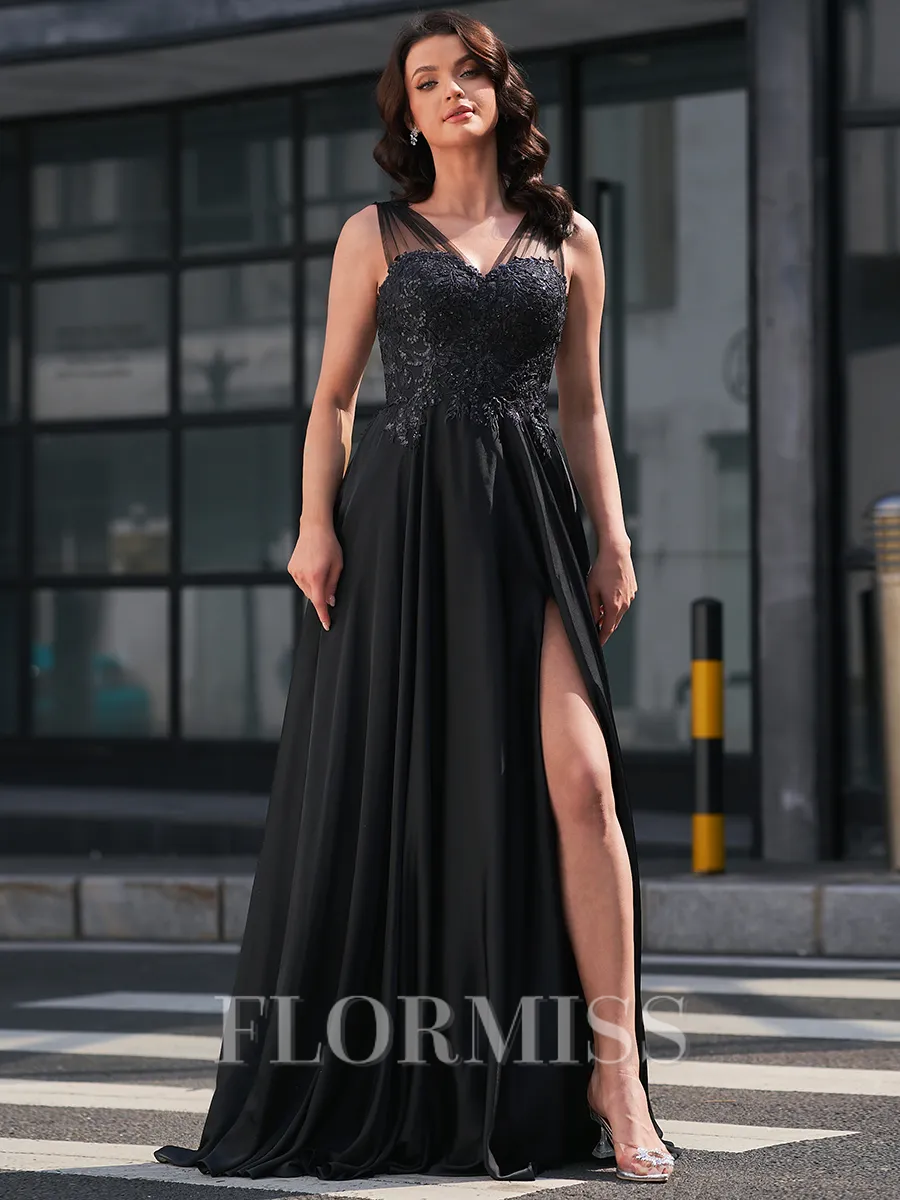 A-line V-neck Appliques Lace Sweep Train Satin Chiffon Porm Dress