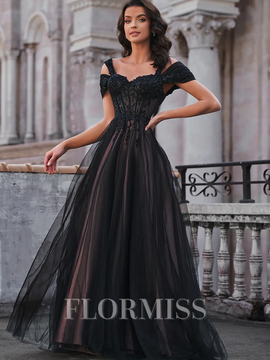 A-line Cold Shoulder Appliques Lace Sweep Train Tulle Corset Porm Dress
