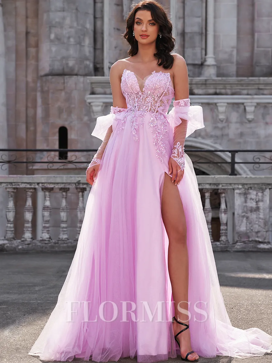 A-line Sweetheart Long Sleeves Appliques Lace Sweep Train Tulle Corset Porm Dress