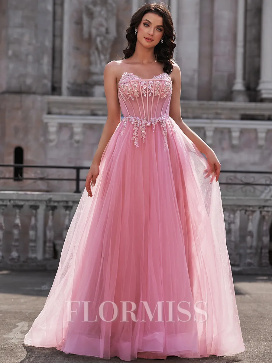 A-line Sweetheart Appliques Lace Sweep Train Tulle Corset Porm Dress