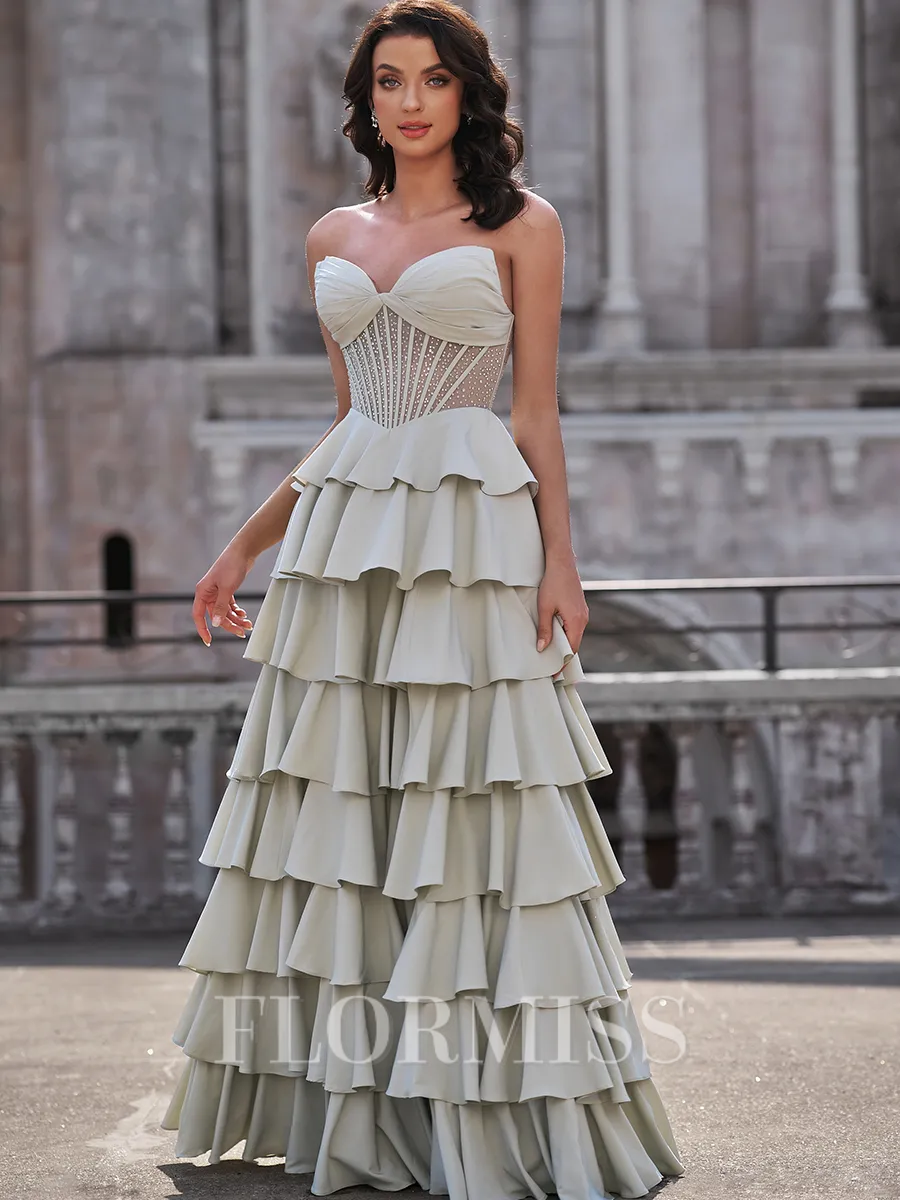 A-line Sweetheart Cascading Ruffles Floor-Length Stretch Crepe Corset Porm Dress