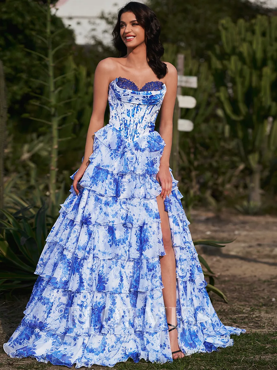 A-line Sweetheart Cascading Ruffles Sweep Train Corset Porm Dress