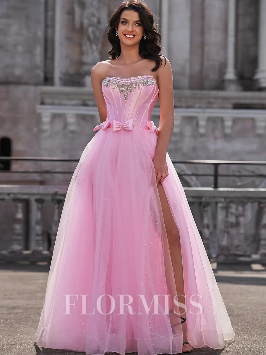 A-line Straight Rhinestone Floor-Length Tulle Corset Porm Dress