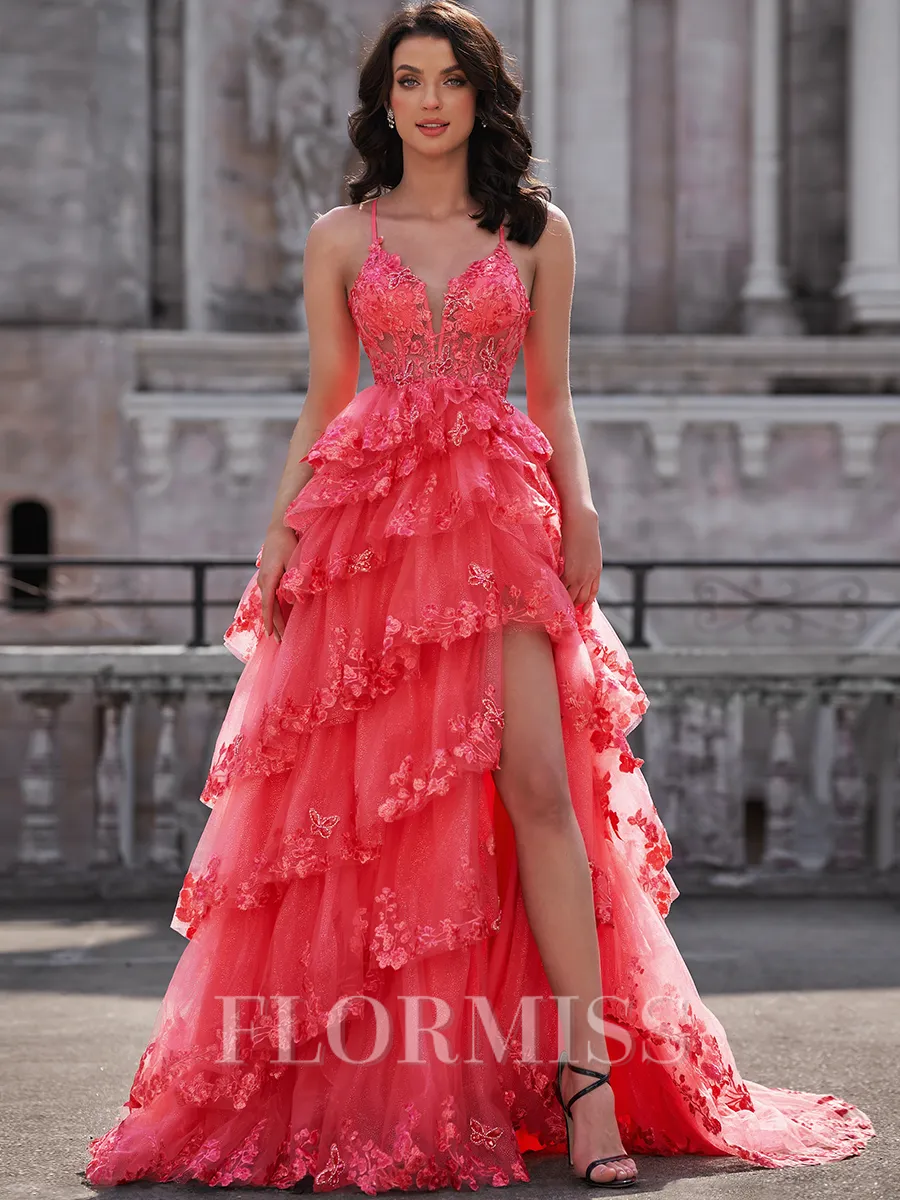 A-line V-neck Appliques Lace Court Train Tulle Corset Porm Dress