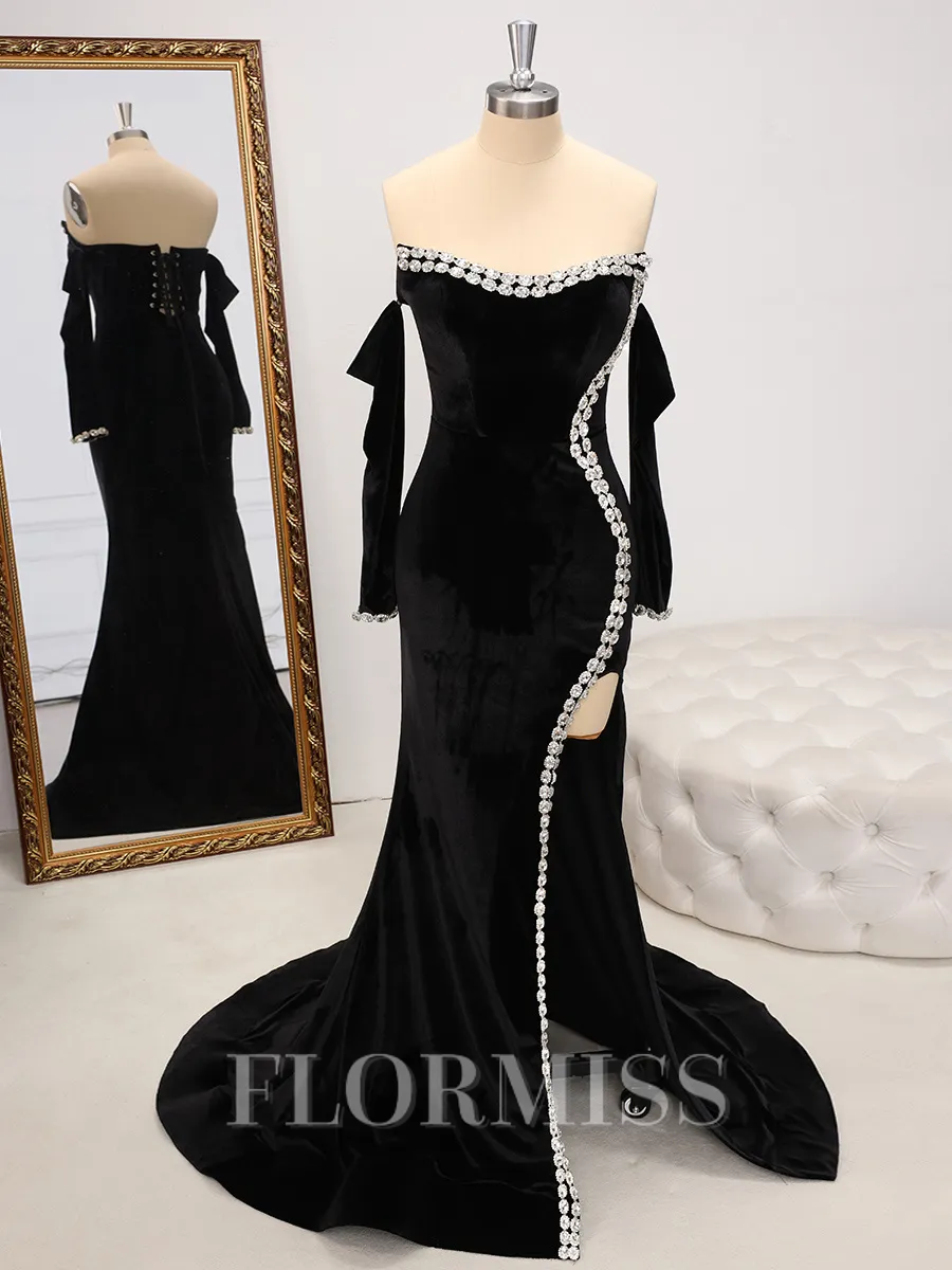 Sheath Straight Long Sleeves Rhinestone Sweep Train Velvet Porm Dress