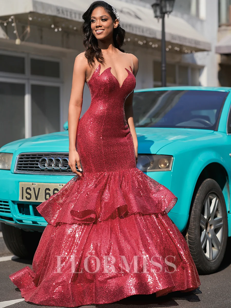 Mermaid Scoop Cascading Ruffles Sweep Train Sequins Porm Dress