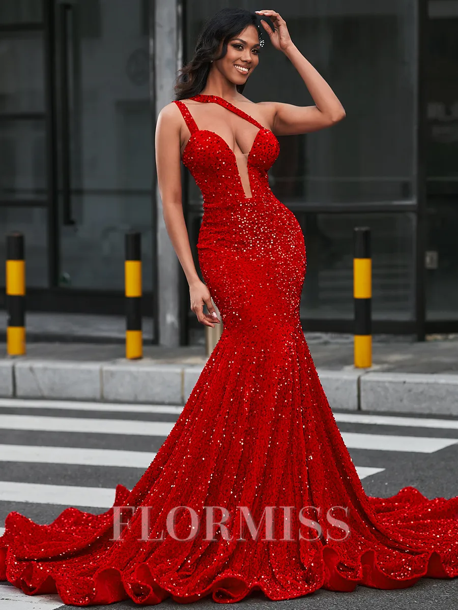 Mermaid One-Shoulder Court Train Velvet Sequins Porm Dress