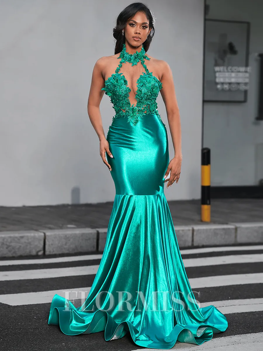 Mermaid Halter Appliques Lace Floor-Length Jersey Porm Dress
