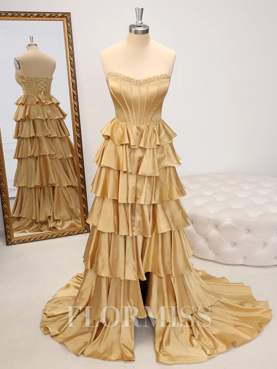 A-line Straight Cascading Ruffles Sweep Train Silk Like Satin Corset Porm Dress