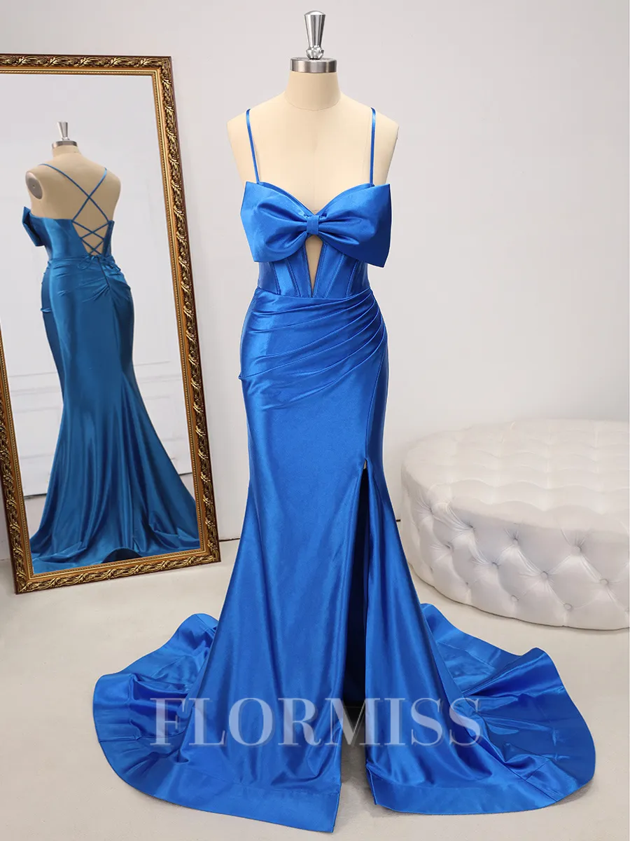Sheath Spaghetti Straps Bow Sweep Train Corset Porm Dress