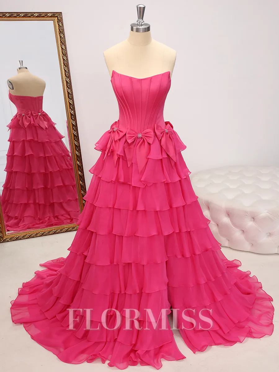 A-line Straight Bow Sweep Train 30D Chiffon Corset Porm Dress