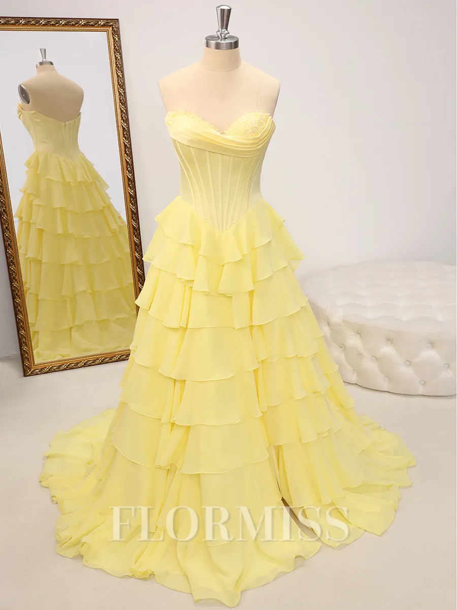 A-line Sweetheart Cascading Ruffles Sweep Train Chiffon Corset Porm Dress