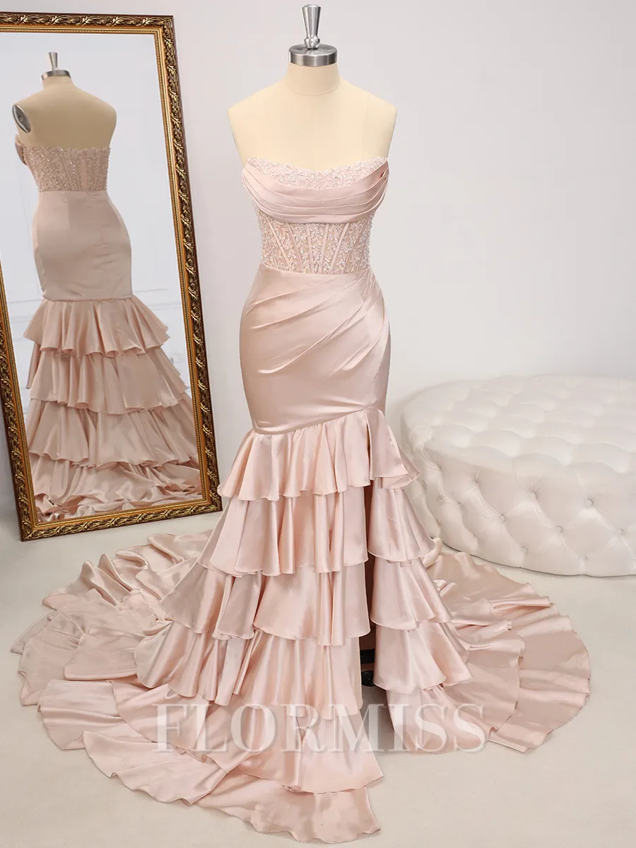 Sheath Straight Appliques Lace Court Train Silk Like Satin Corset Porm Dress