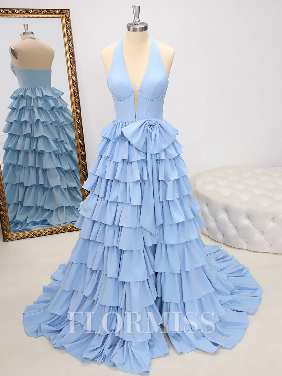 A-line Halter Bow Sweep Train Corset Porm Dress