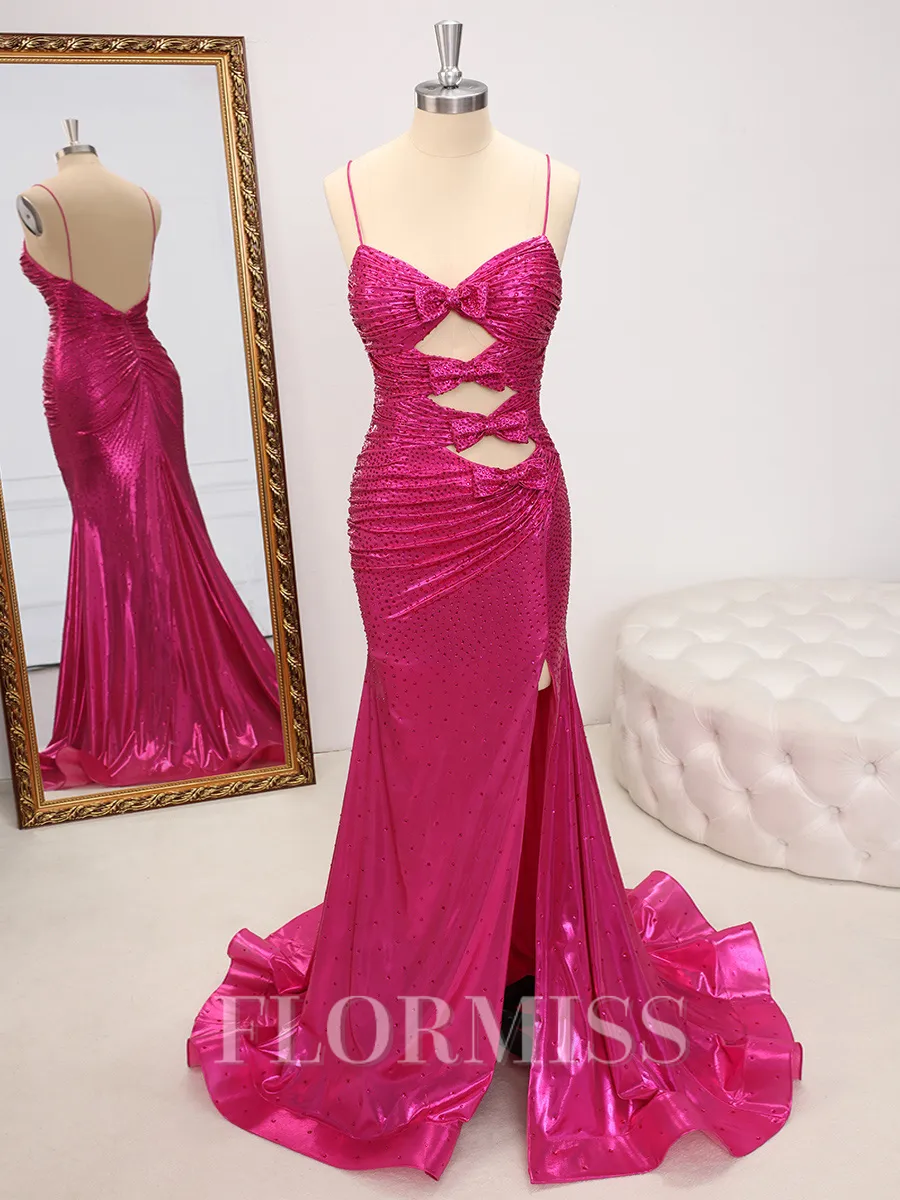 Sheath V-neck Bow Sweep Train Metallic Satin Porm Dress