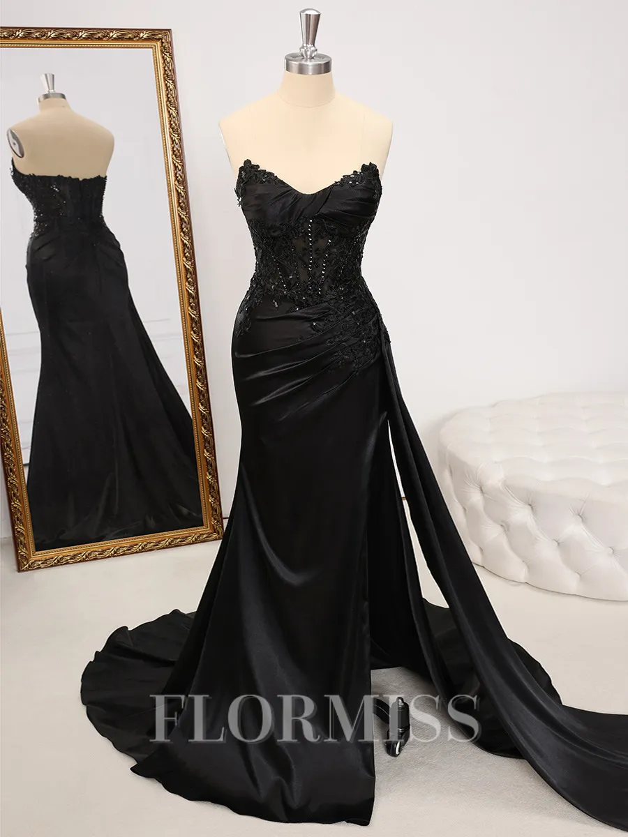 Sheath Sweetheart Appliques Lace Sweep Train Silk Like Satin Corset Porm Dress