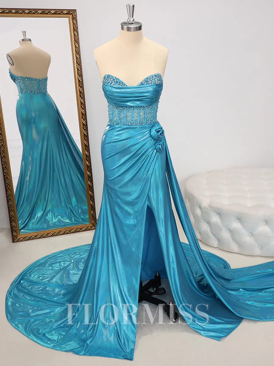 Sheath Sweetheart Beading Court Train Metallic Satin Corset Porm Dress