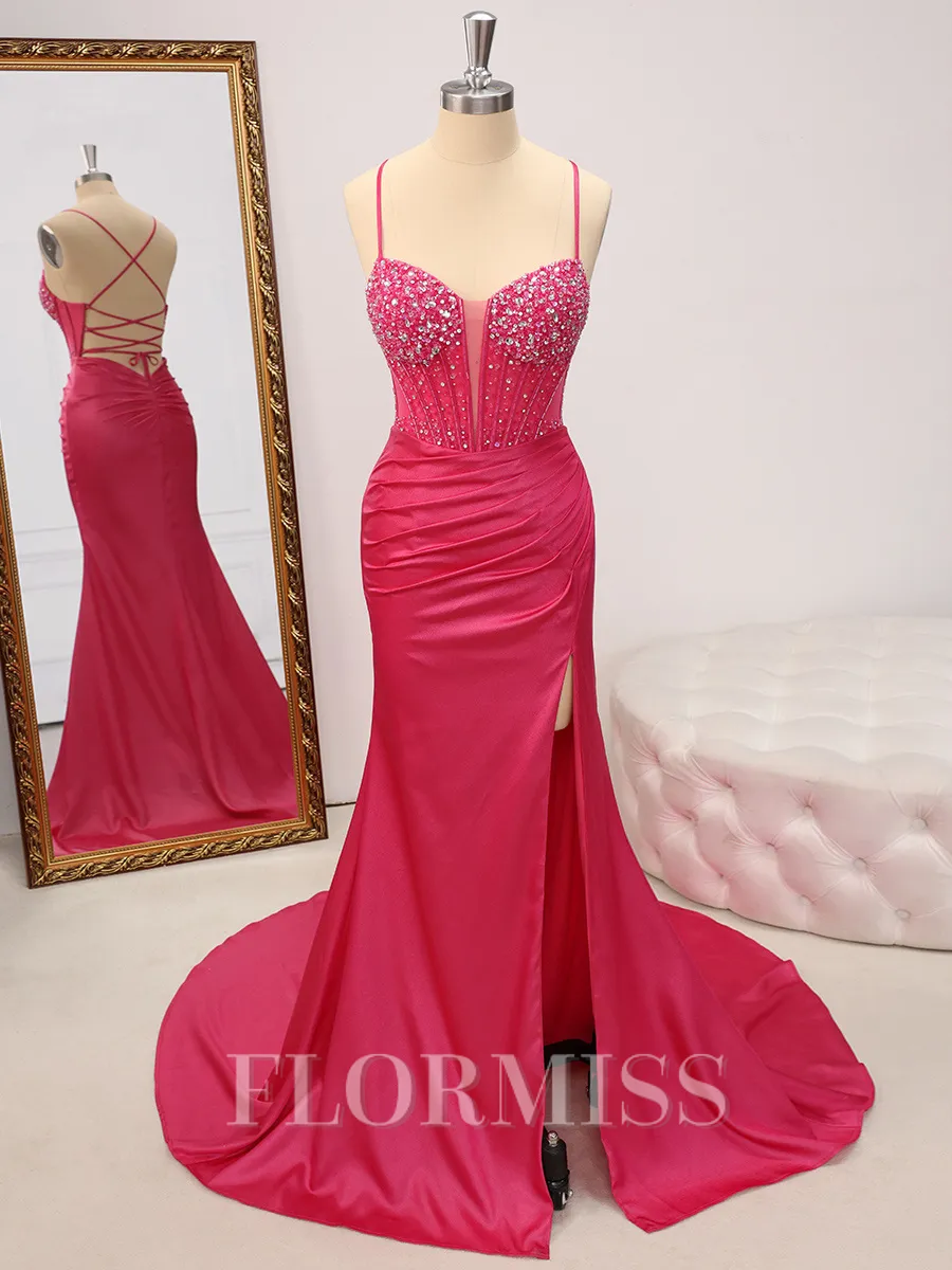 Sheath Spaghetti Straps Beading Court Train Corset Porm Dress