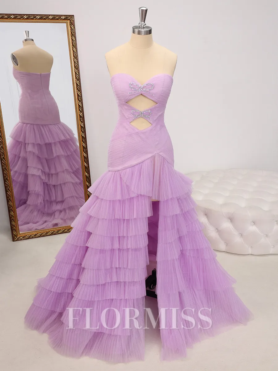 Sheath Sweetheart Cascading Ruffles Sweep Train Tulle Porm Dress