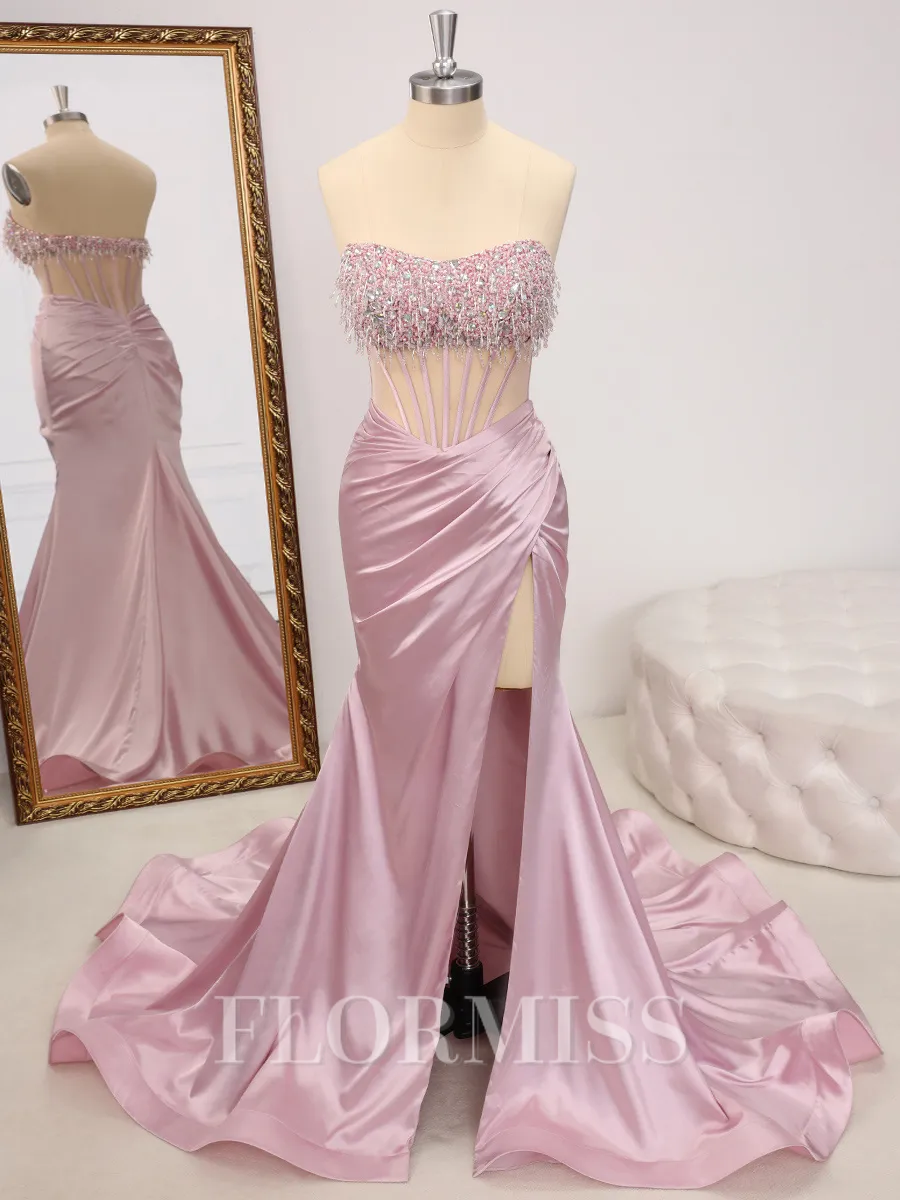 Sheath Straight Rhinestone Sweep Train Silk Like Satin Corset Porm Dress