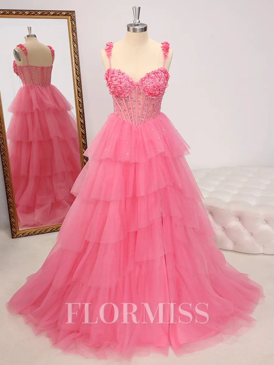 A-line Straps Cascading Ruffles Sweep Train Tulle Corset Porm Dress